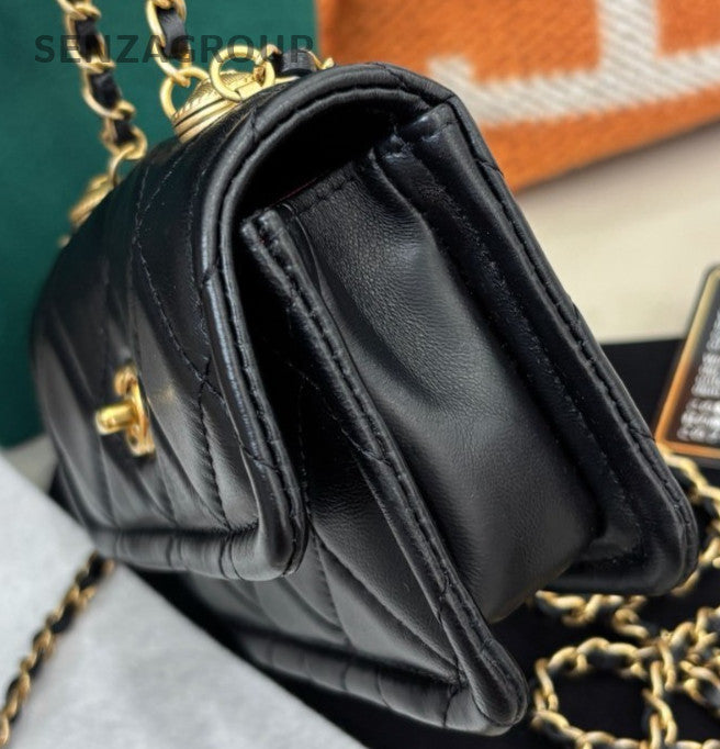 Chanel Diamond Mini Chain Shoulder Bag Crossbody Black Gold Women Classic