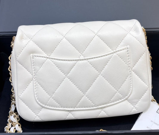 Chanel Classic Flap Chain Lambskin Shoulder Bag White Gold Women Fashion Diamond