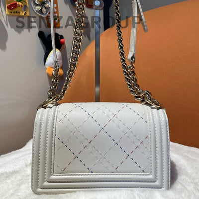 Chanel Le Boy White Gold Chain Quilted Shoulder Bag Women Classic Fashion