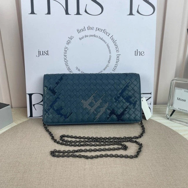 Bottega Veneta Long Wallet Chain Crossbody Gray For Women