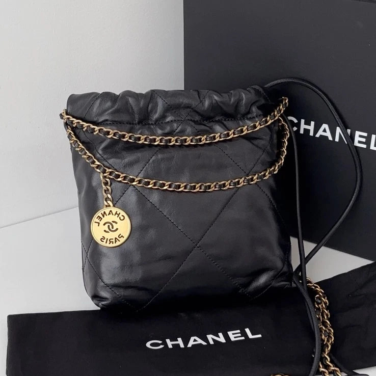 Excellent Chanel 22Bag Mini Gold Chain Black Handbag Shoulder Bag Crossbody
