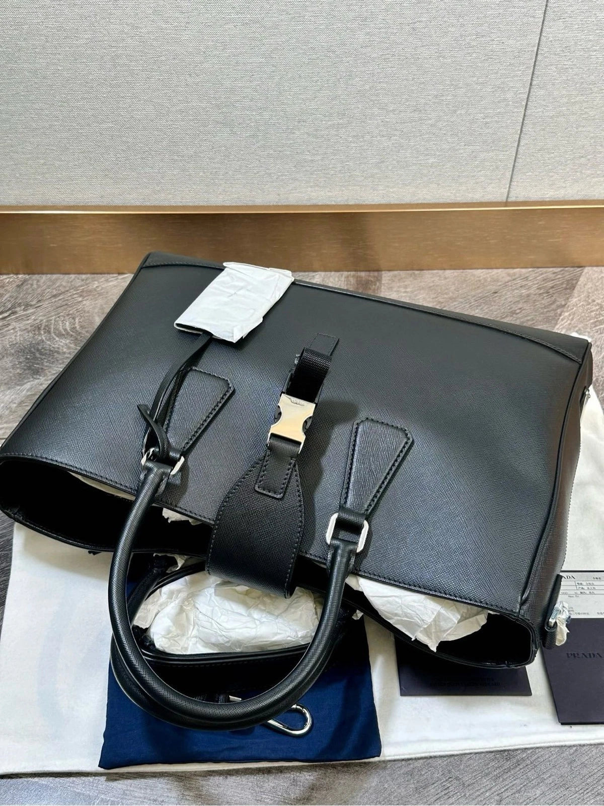 Prada Black Crossgrain Leather Tote Handbag Shoulder Crossbody Women