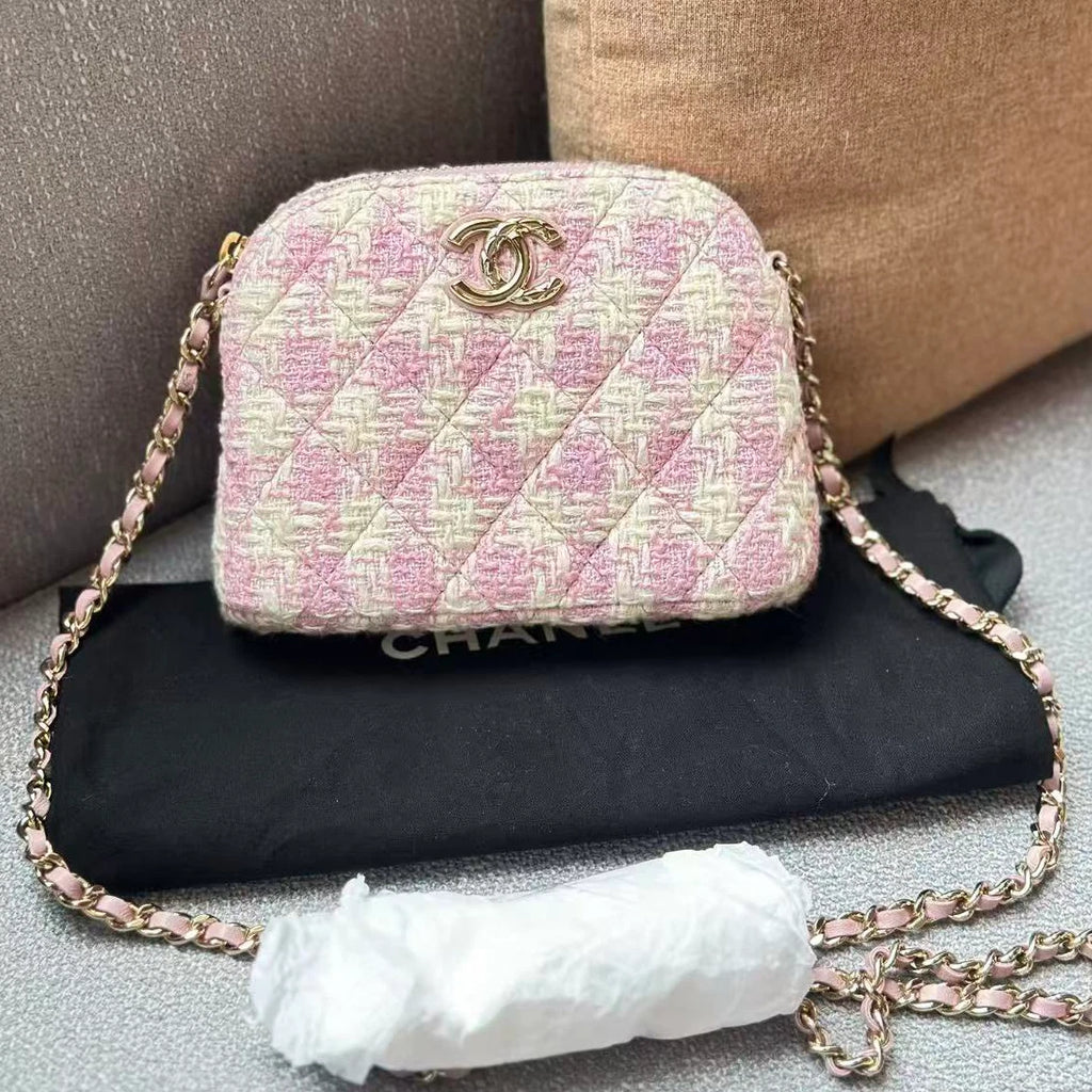 Chanel Tweed Shell Bag Chain Shoulder Bag Crossbody Pink Gold Women Classic S
