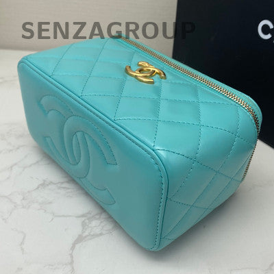 Chanel Quilted Blue Gold Leather Vanity Case Handbag Shoulder Bag