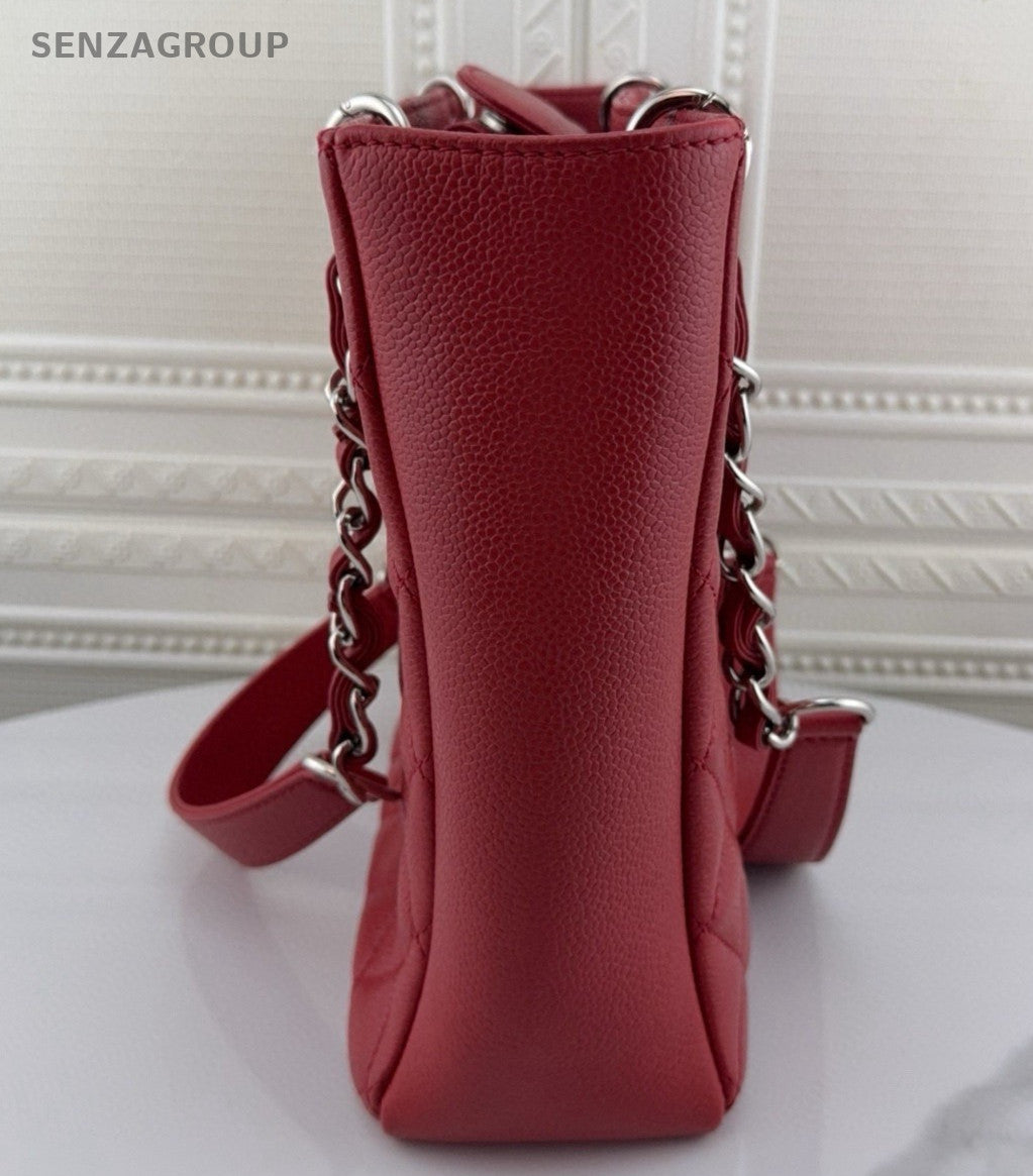 Chanel PST 12A Chain Calfskin Shoulder Bag Red Silver Diamond Women Classic