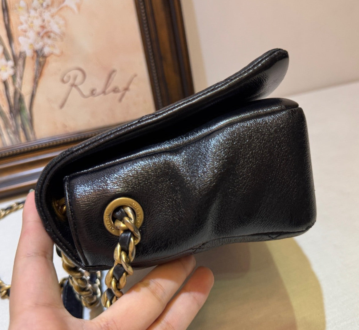 Chanel Diamond Chain Black Gold Shoulder Bag Crossbody Used Women Classic