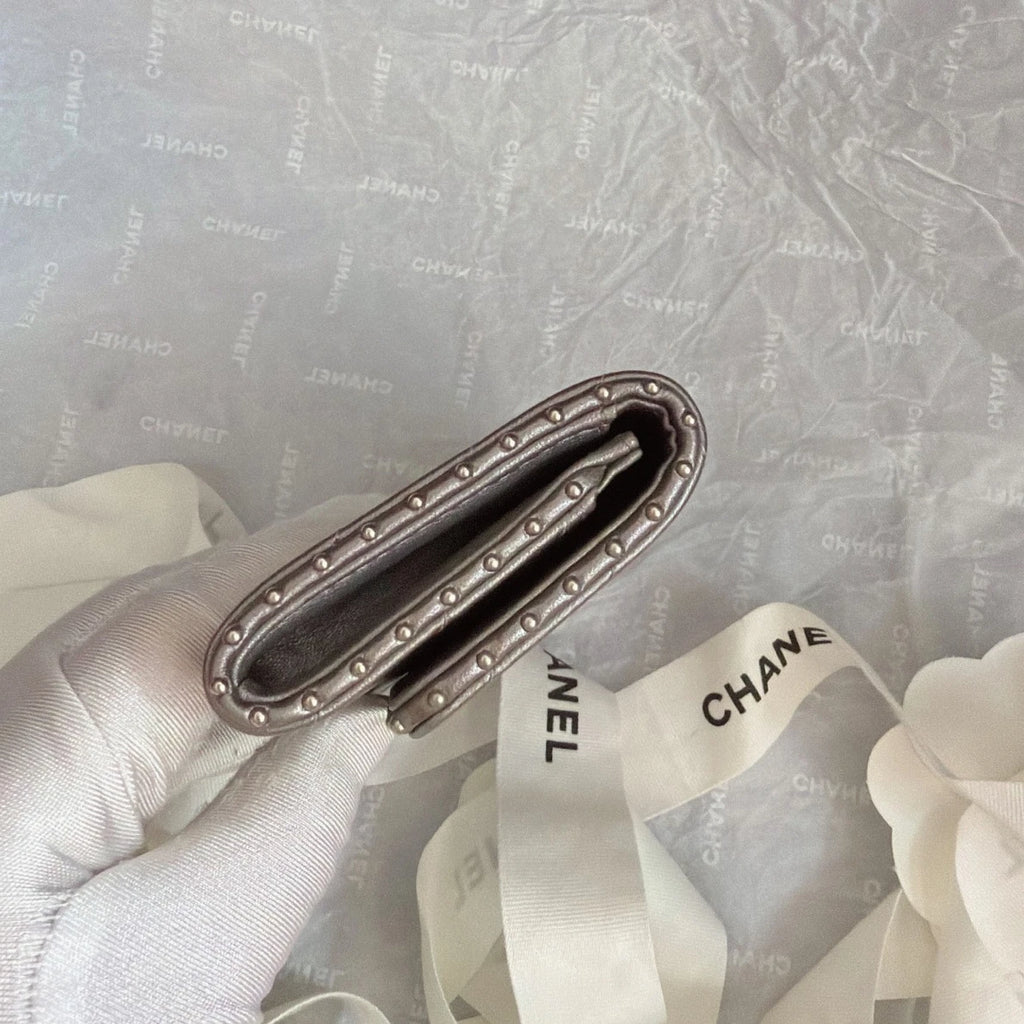 Excellent Chanel Short Wallet Grey Card Holder Silver Hardware