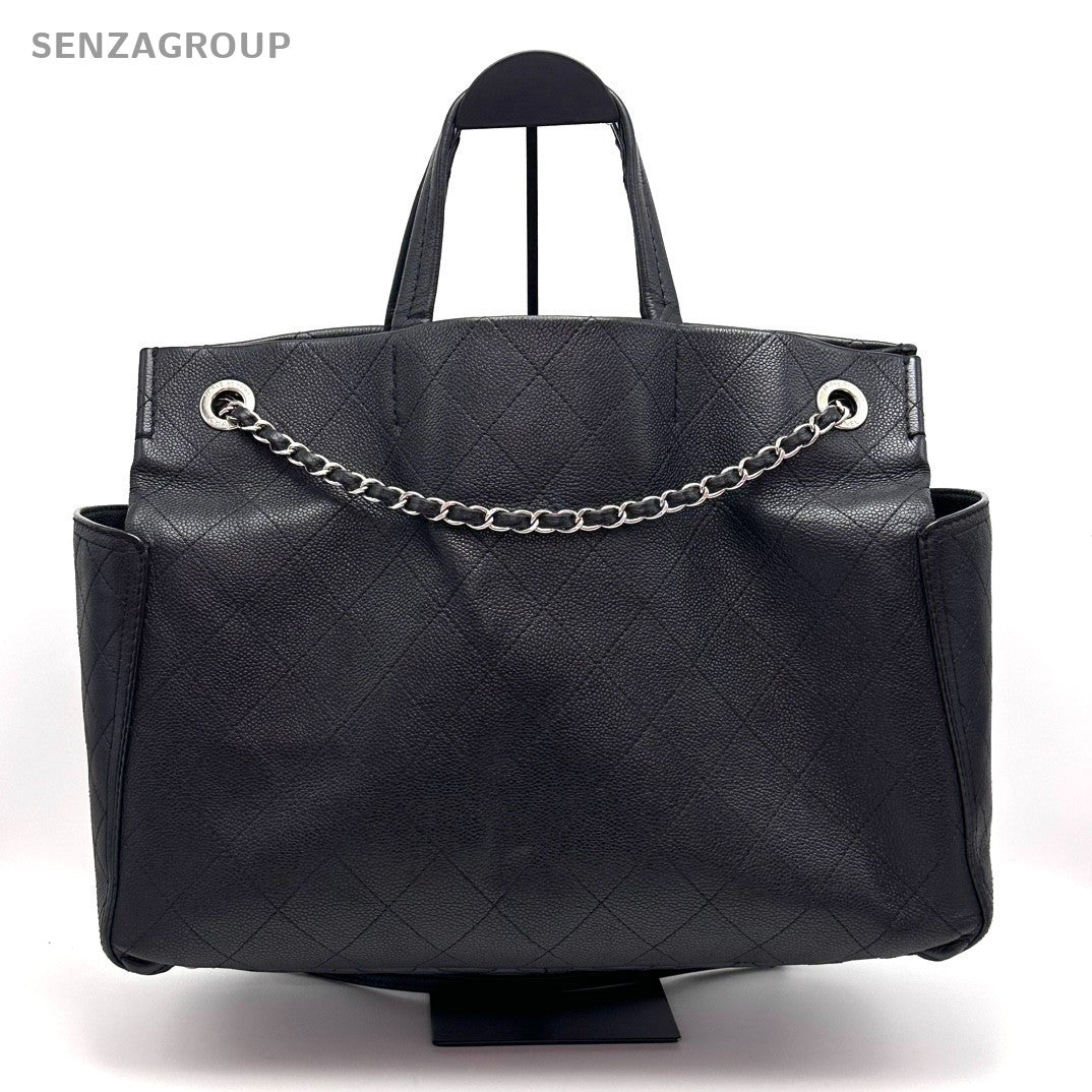 Chanel Clogo Diamond Pattern Chain Tote Bag Black Silver Used Women Classic
