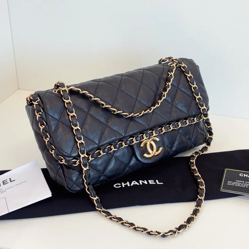 Chanel Classic Flap Jumbo Calfskin Chain Shoulder Crossbody Black Gold Women