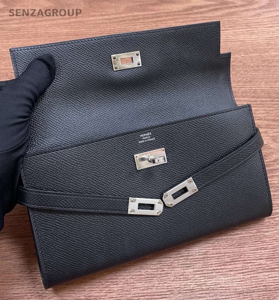 Hermes Kelly Long Wallet Epsom Clutch Black Silver Used Women Classic Fashion
