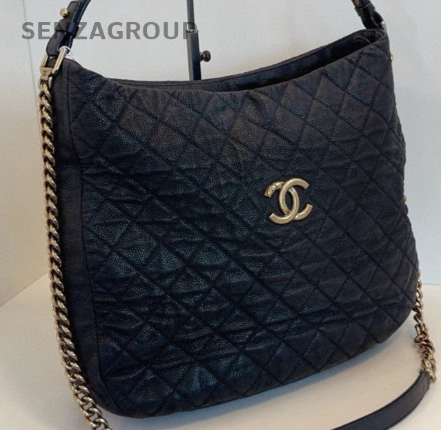 Chanel Diamond Hobo Top Handle Bag Chain Shoulder Bag Black Gold Women Classic