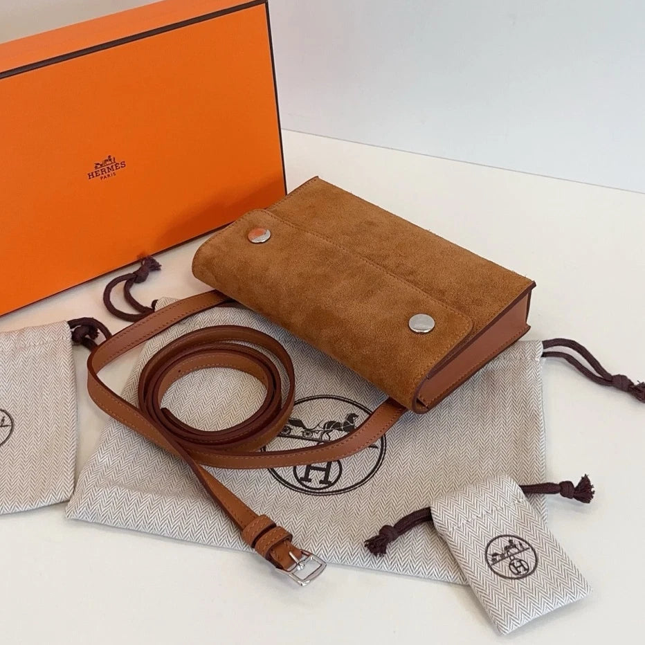 Hermes Snap Wallet Suede Crossbody Brown Silver Used Women Classic