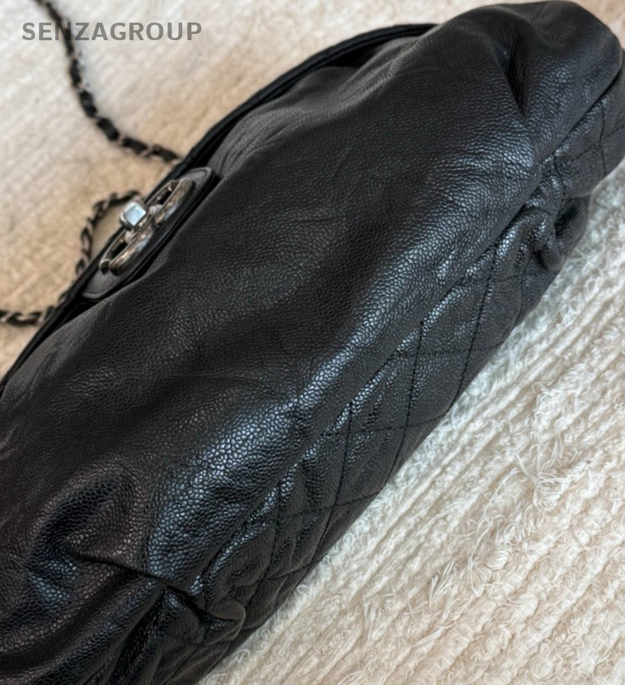Chanel Calfskin Chain Shoulder Bag Black Silver Used Women Classic Vintage