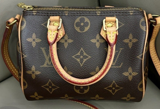 Louis Vuitton Speedy Nano Monogram Shoulder Bag Crossbody Brown Gold Used Women