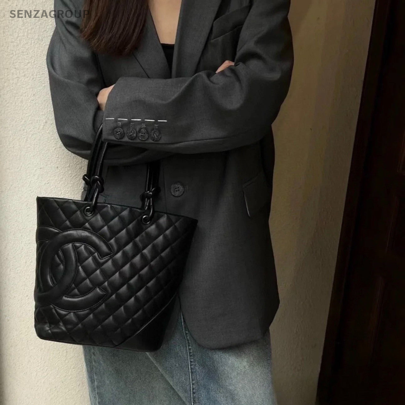 Chanel SoBlack PM Tote Quilted Top Handle Shoulder Bag Black Women