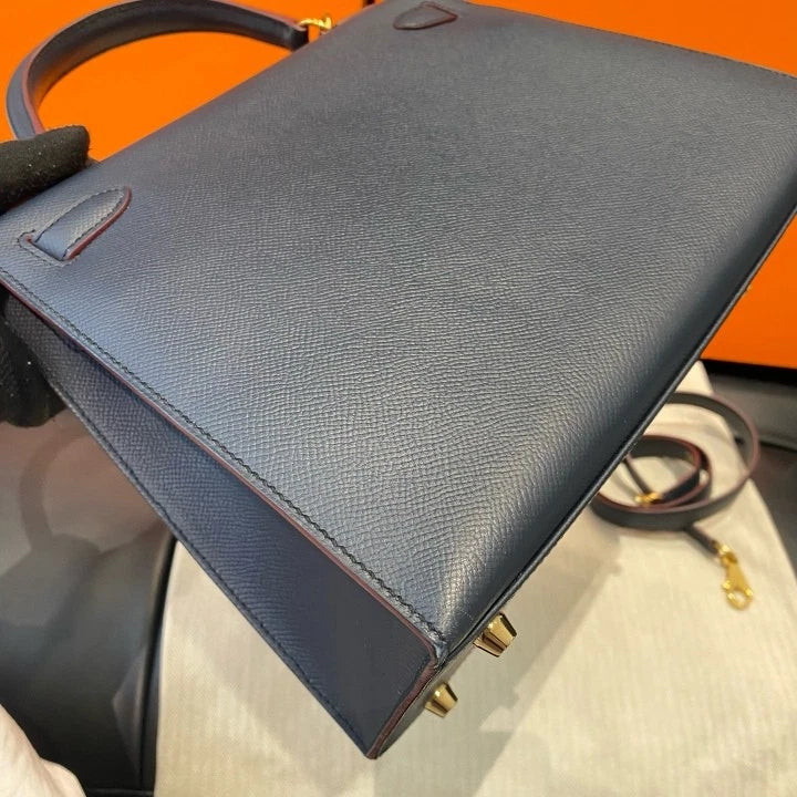 Hermes Kelly 28 Epsom Tote Top Handle Crossbody Bag Navy Gold Women D