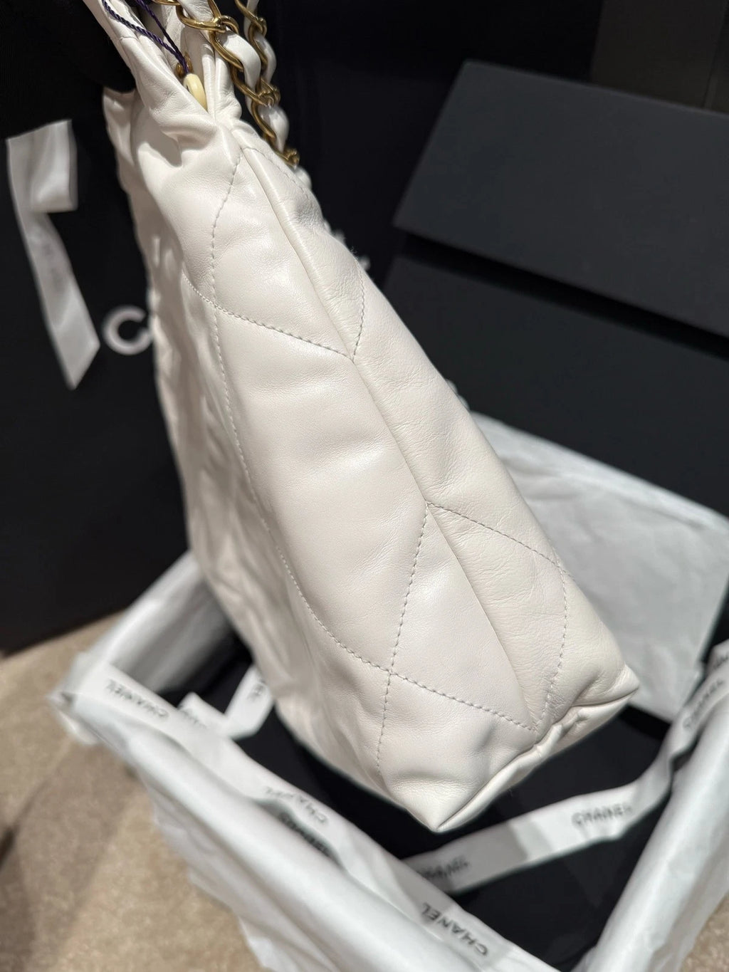 New Full Seal CHANEL Calfskin 22 Small 22Bag White Gold Tote Bag For Women