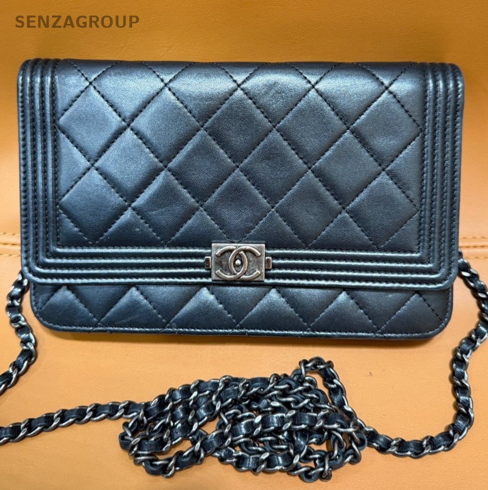 Chanel Leboy WOC Chain Shoulder Bag Crossbody Black Silver Women Classic