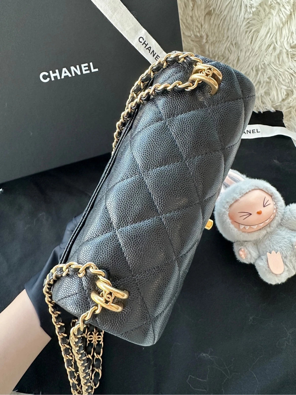 CHANEL Black Caviar Leather Square Shoulder Handbag For Women