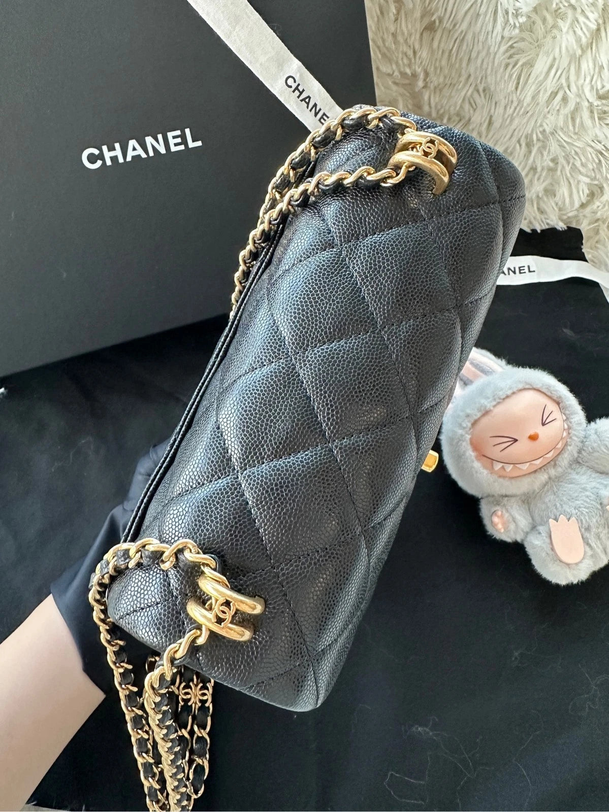CHANEL Black Caviar Leather Square Shoulder Handbag For Women