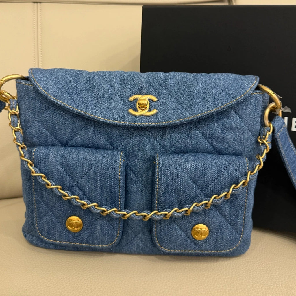 CHANEL Supple Twins Denim Blue Shoulder Bag For Women