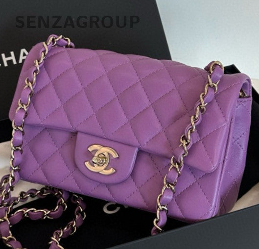 Chanel Classic Flap Mini Chain Shoulder Bag Purple Gold Women Diamond Fashion