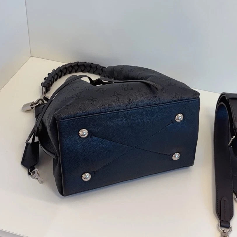 Louis Vuitton Muria Calfskin Bucket Top Handle Shoulder Bag Black Silver