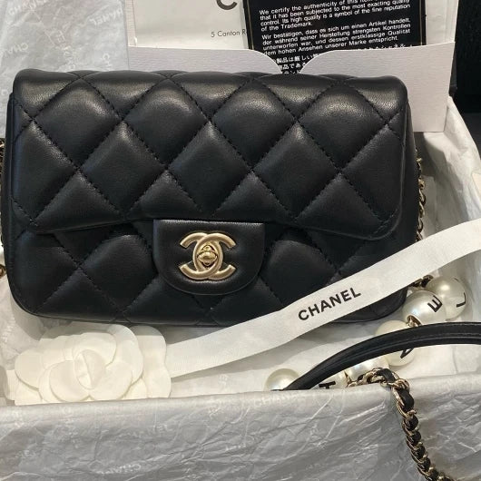 Chanel Classic Flap Mini Chain Shoulder Crossbody Bag Black Gold Women D