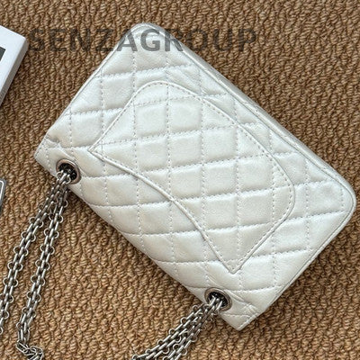 Chanel 2.55 Mini Lambskin Silver Quilted Chain Crossbody Bag