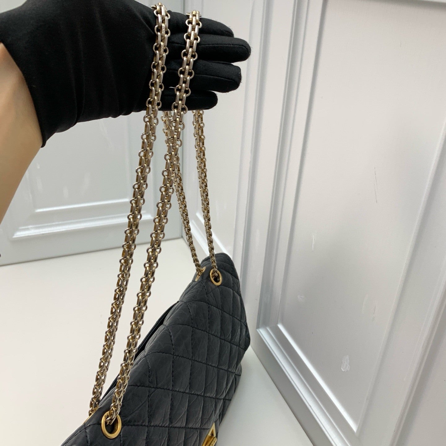CHANEL 2.55 Diamond Pattern Chain Shoulder bag Black Gold Women