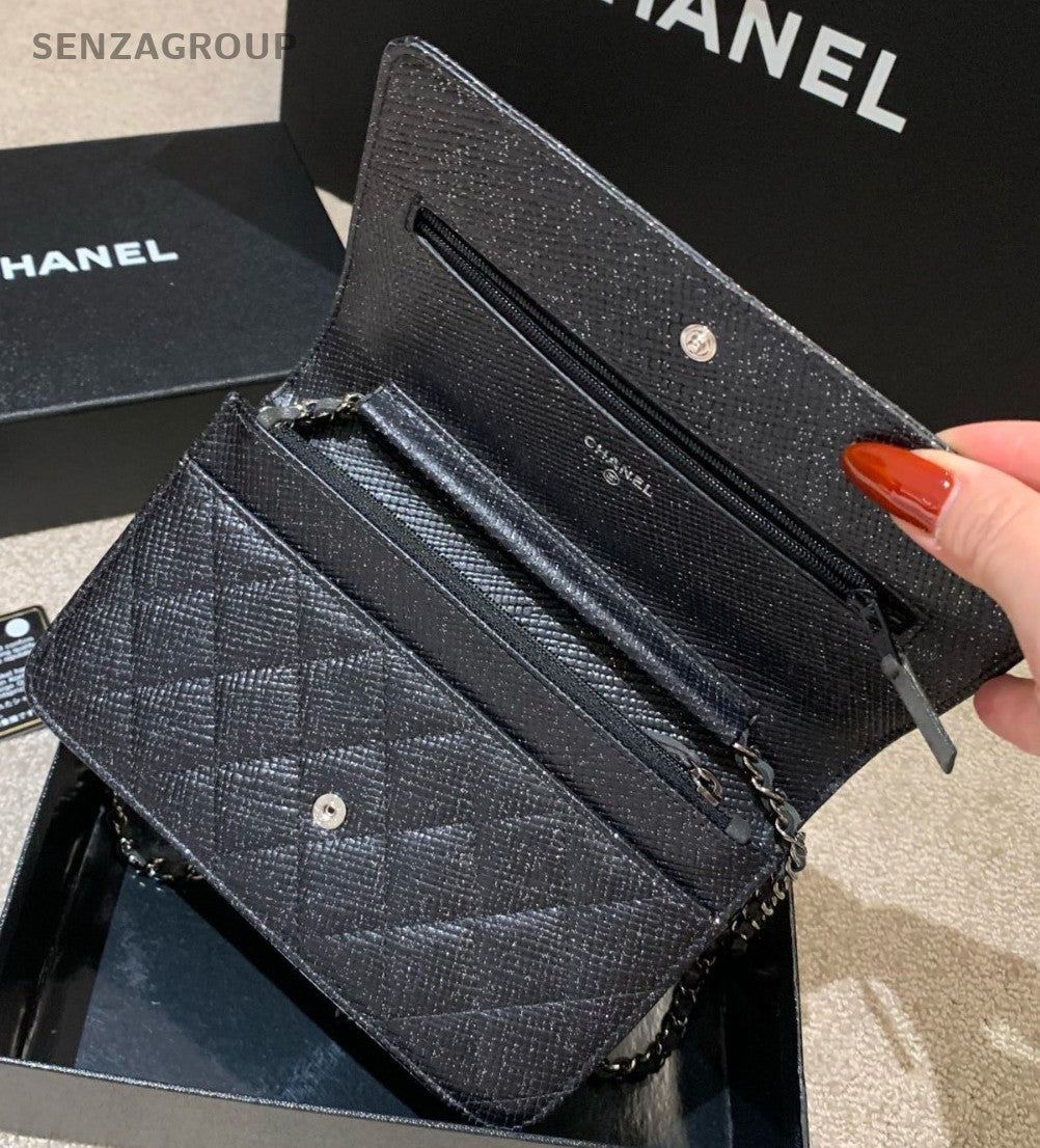 Chanel Diamond WOC Chain Calfskin Crossbody Black Silver Women Classic Fashion