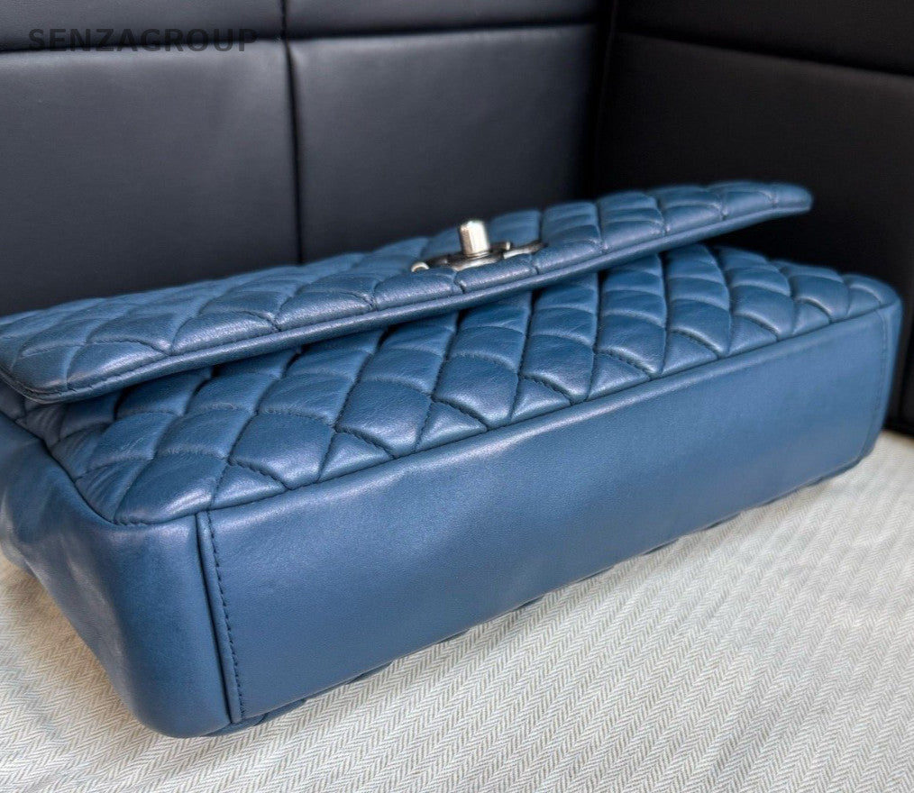 Chanel Classic Flap Chain Calfskin Shoulder Bag Crossbody Blue Silver Women