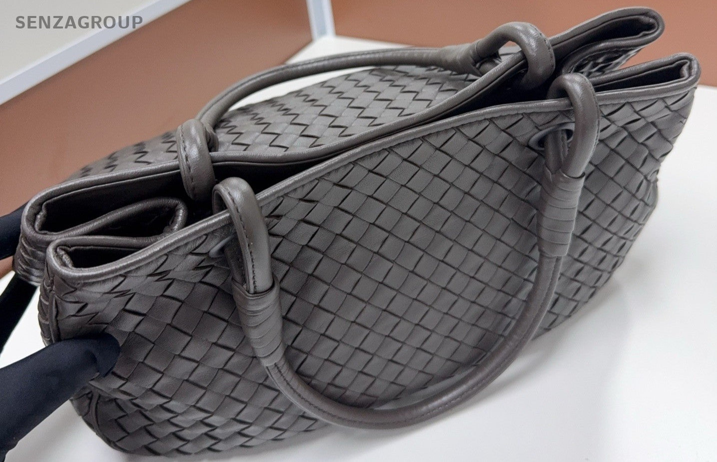 Bottega Veneta Lambskin Intrecciato Top Handle Shoulder Bag Gray Women
