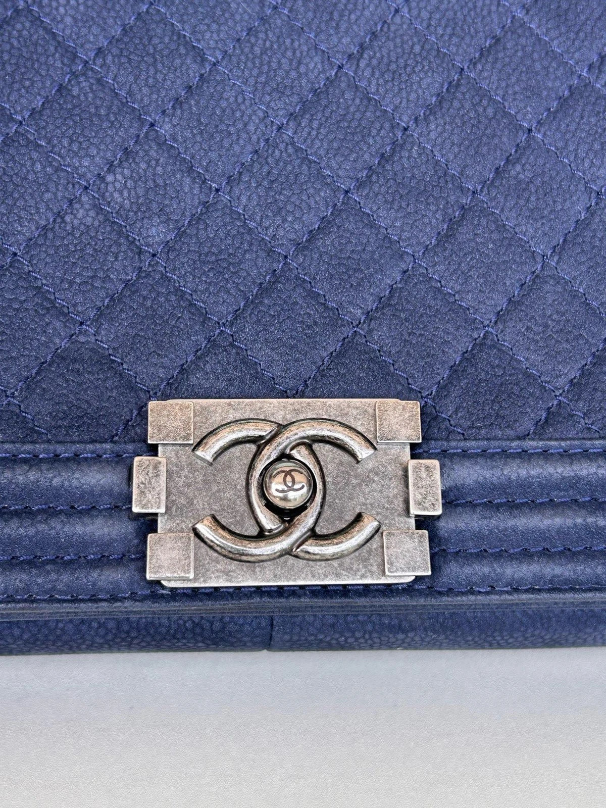 Chanel Leboy GM Calfskin Chain Shoulder Bag Crossbody Blue Silver Women