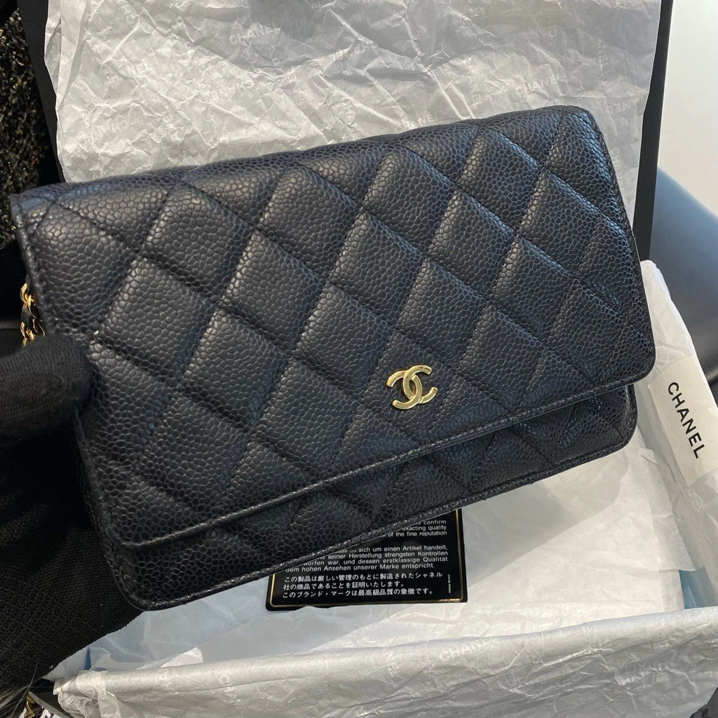 Chanel WOC Calfskin Chain Shoulder Crossbody Diamond Women Black Gold