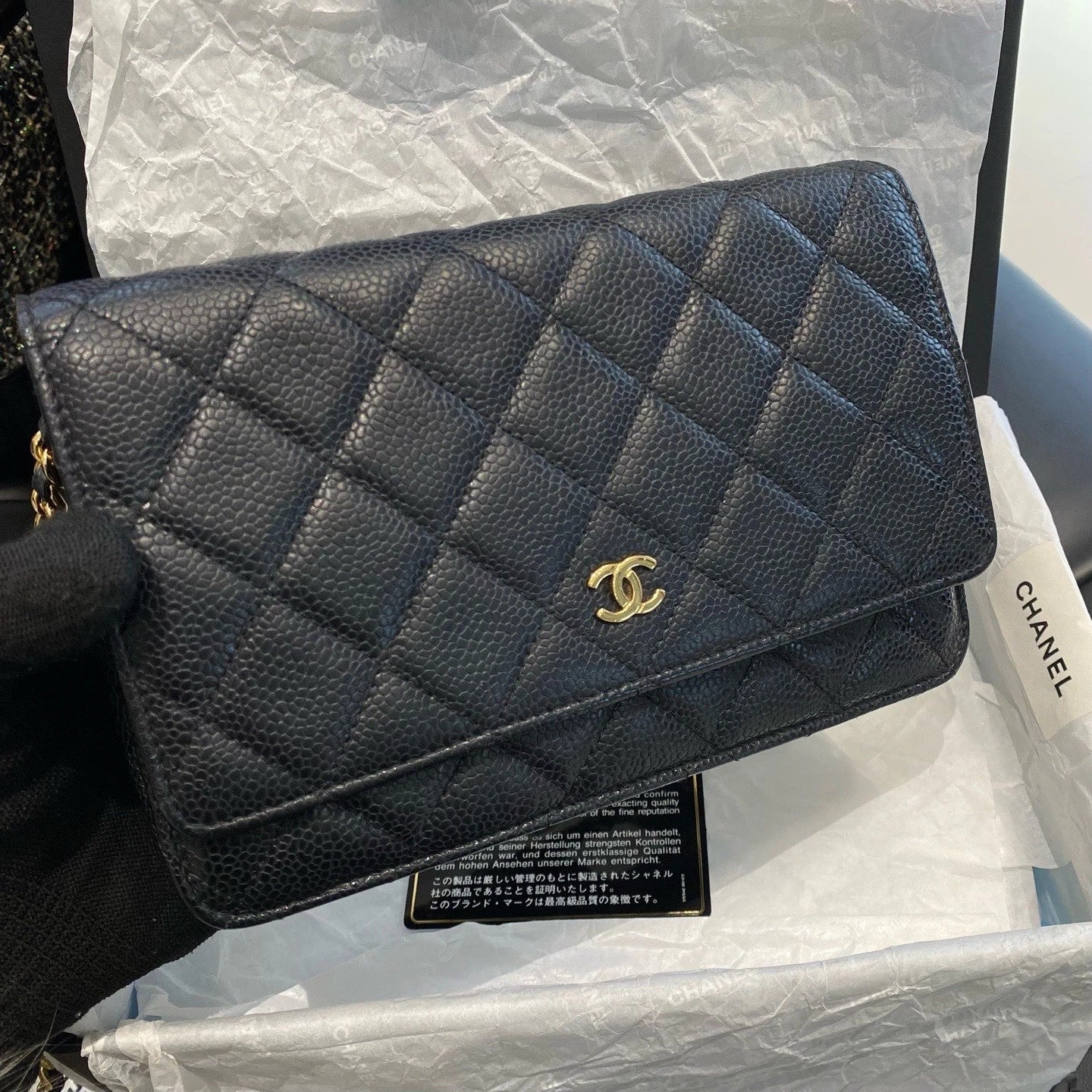 Chanel WOC Calfskin Chain Shoulder Crossbody Diamond Women Black Gold