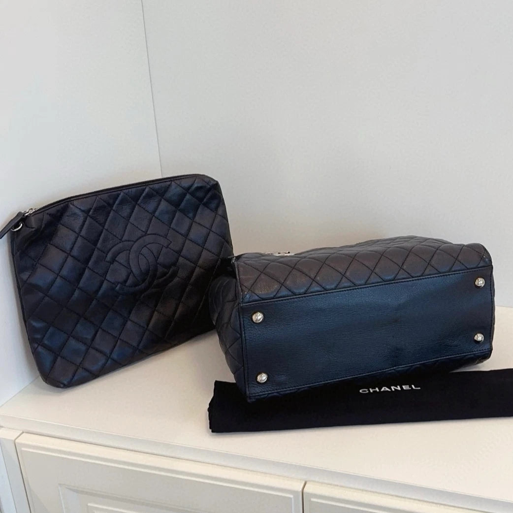 Chanel Calfskin Tote Chain Shoulder Bag Black Silver Diamond Women Classic