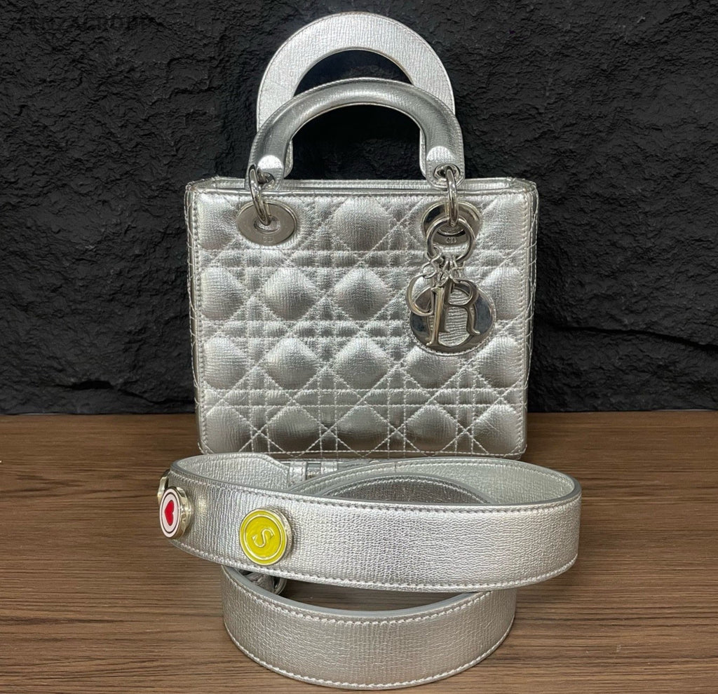 Christian Dior Lady Dior Calfskin Top Handle Bag Crossbody Silver Women Classic