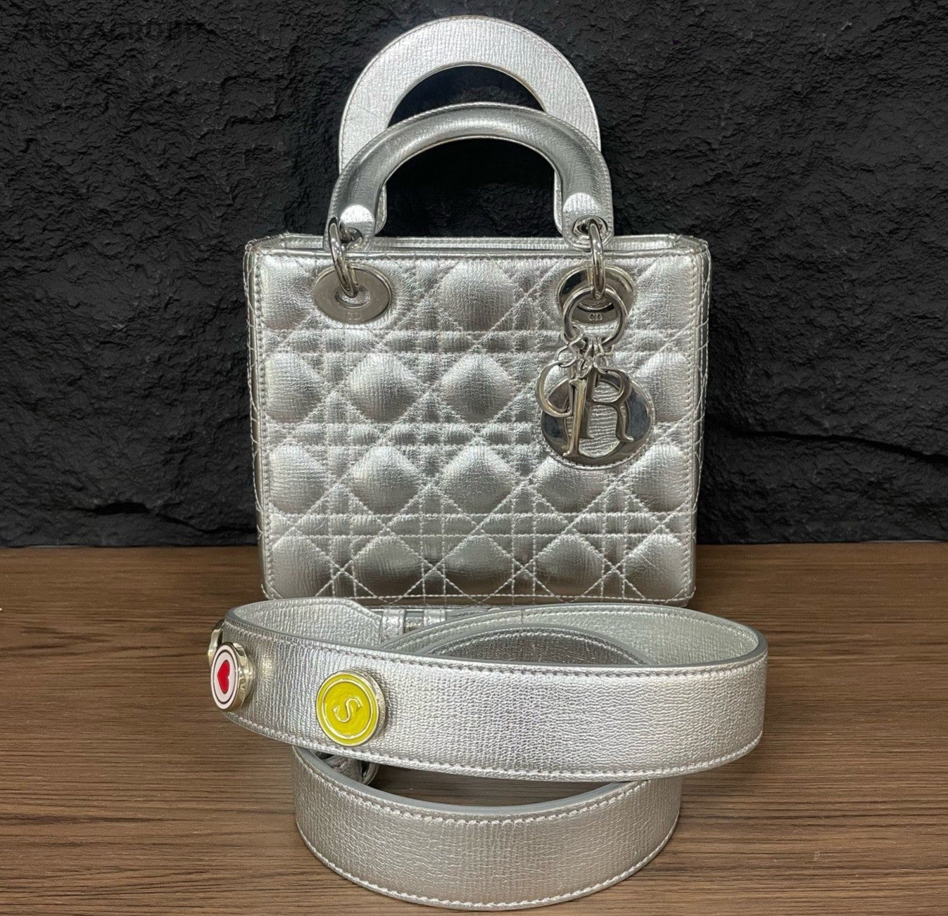 Christian Dior Lady Dior Calfskin Top Handle Bag Crossbody Silver Women Classic