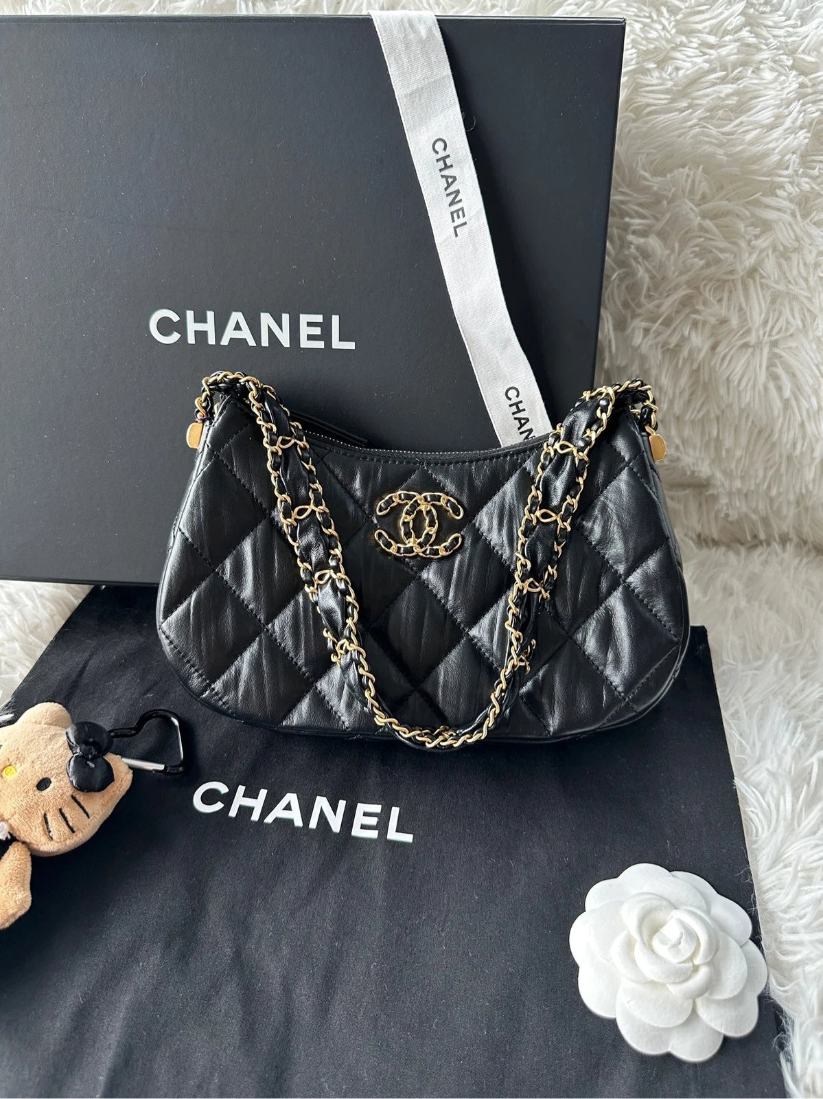 CHANEL Hobo Large Black Gold Calfskin Shoulder Bag For Women