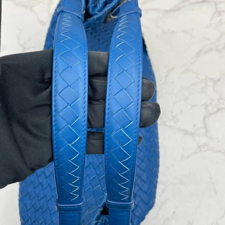 Authentic Bottega Veneta Blue Lamskin Woven Shoulder Handbag For Women