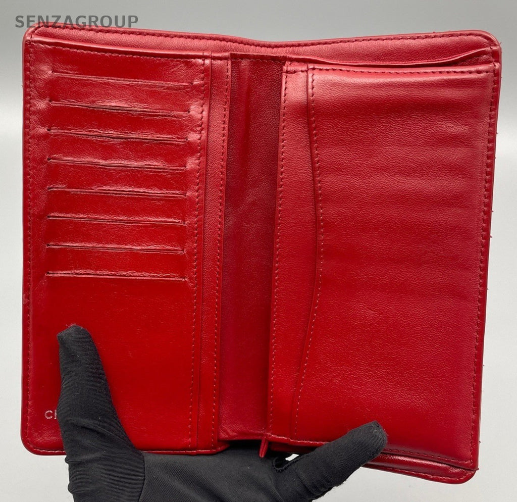 Chanel Calfskin Diamond Pattern Long Wallet Red Silver Used Women Classic