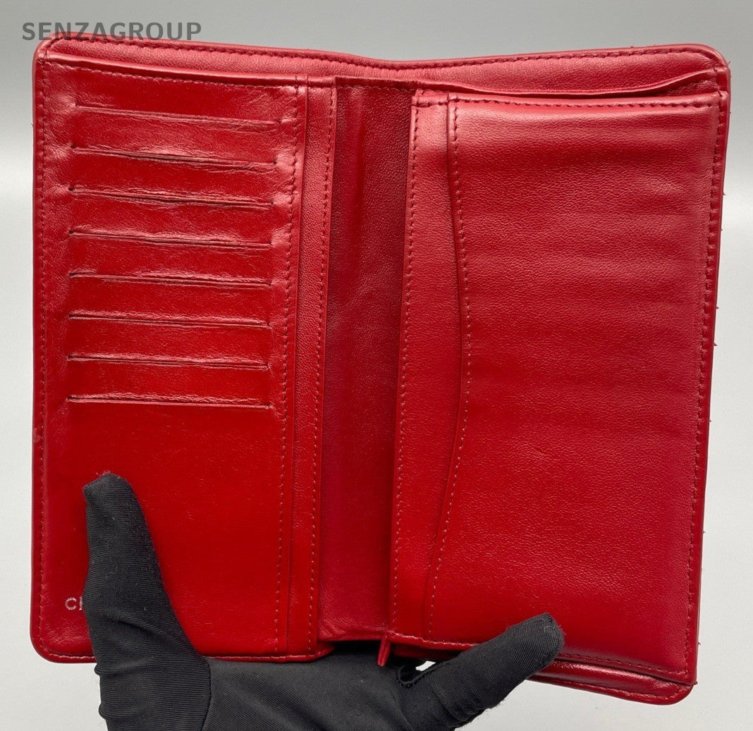Chanel Calfskin Diamond Pattern Long Wallet Red Silver Used Women Classic
