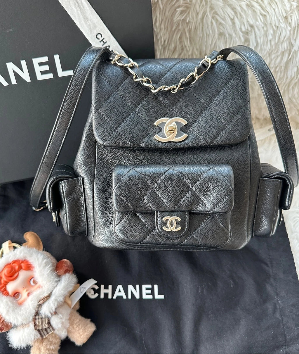 CHANEL Large Black Gold Grained Leather Backpack For Women