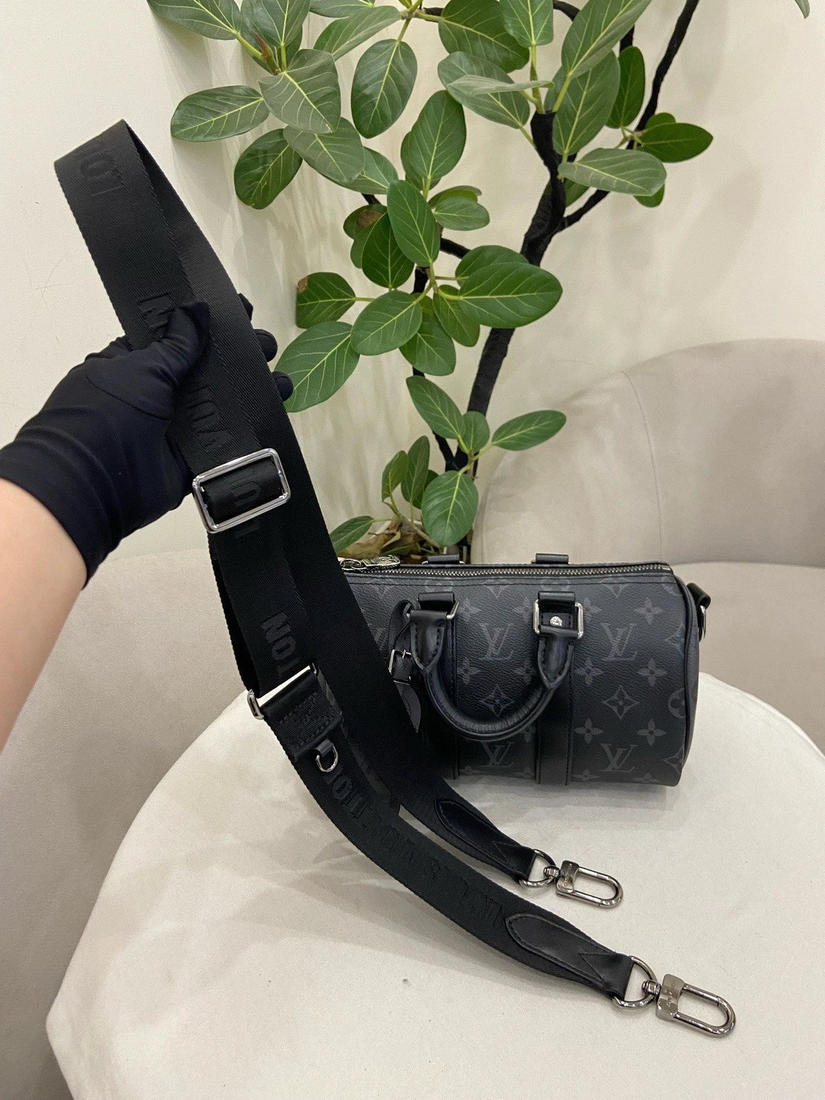 Louis Vuitton Keepall25 Top Handle Crossbody Black Silver Unisex Adults