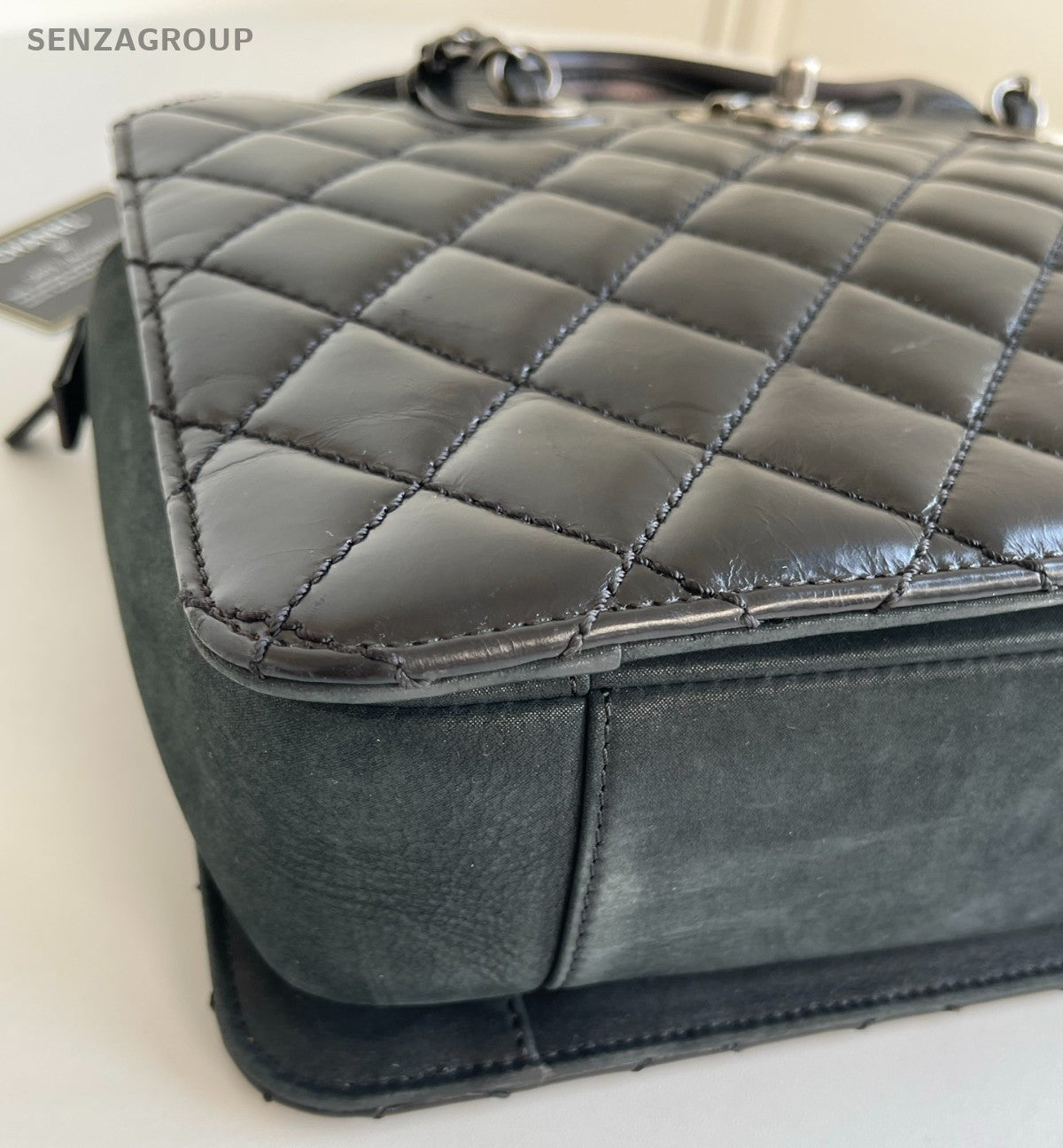 Chanel Diamond Chain Satchel Top Handle Shoulder Bag Black Silver Women Classic