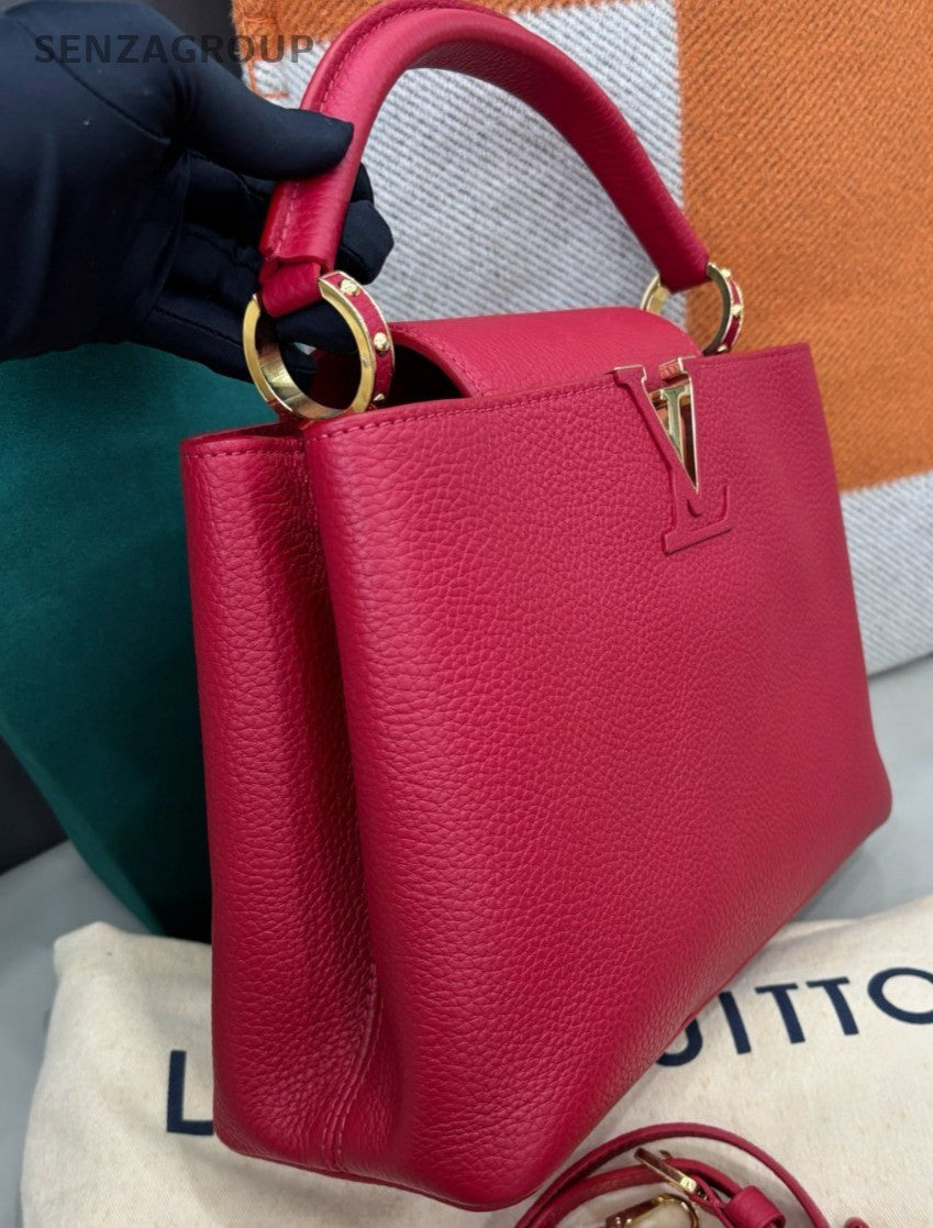 Louis Vuitton Capucines MM Top Handle Bag Crossbody Red Gold Women Classic