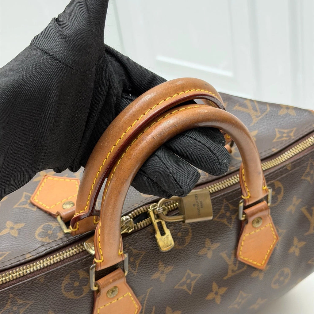 Louis Vuitton Speedy 30 Tote Top Handle Crossbody Bag Brown Gold Women Fashion