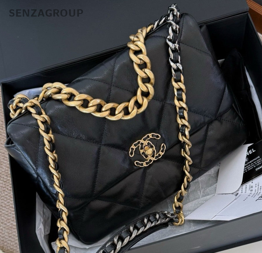 Chanel 19Bag MM Chain Shoulder Bag Crossbody Black Gold Women Classic Fashion