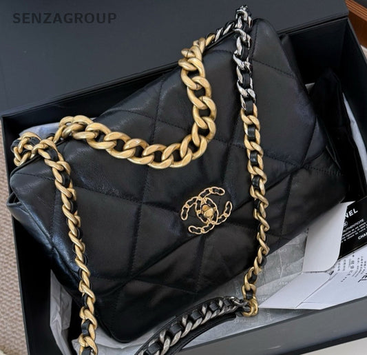 Chanel 19Bag MM Chain Shoulder Bag Crossbody Black Gold Women Classic Fashion
